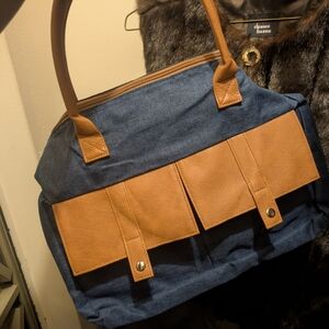 Blue and Tan Handbag